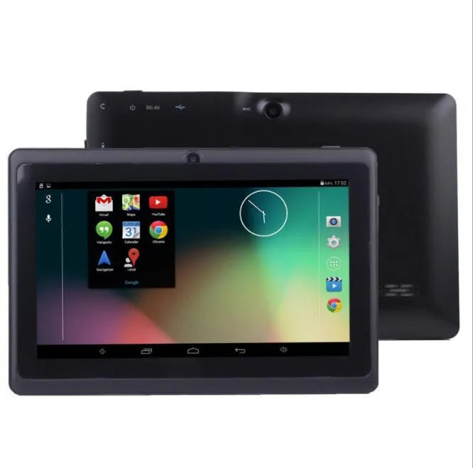 7-inch Android WiFi tablet with dual camera and plastic body, black colour, front view