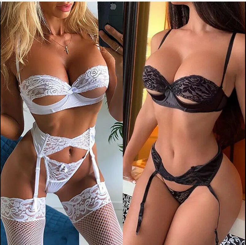 Sexy lingerie pajamas set in black with Asian sizing guide, available in sizes S to XL