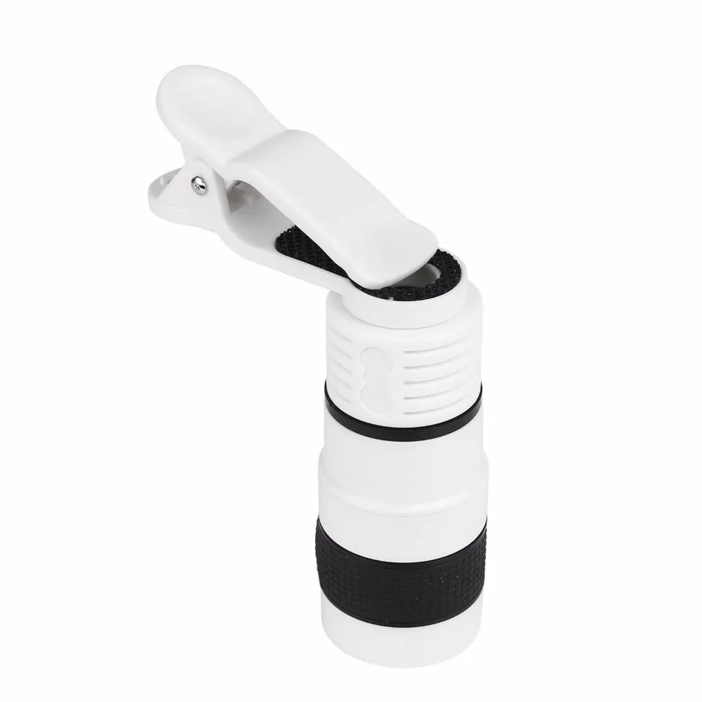8x optical zoom telephoto lens attachment for mobile phones, shown in black, clip-on design