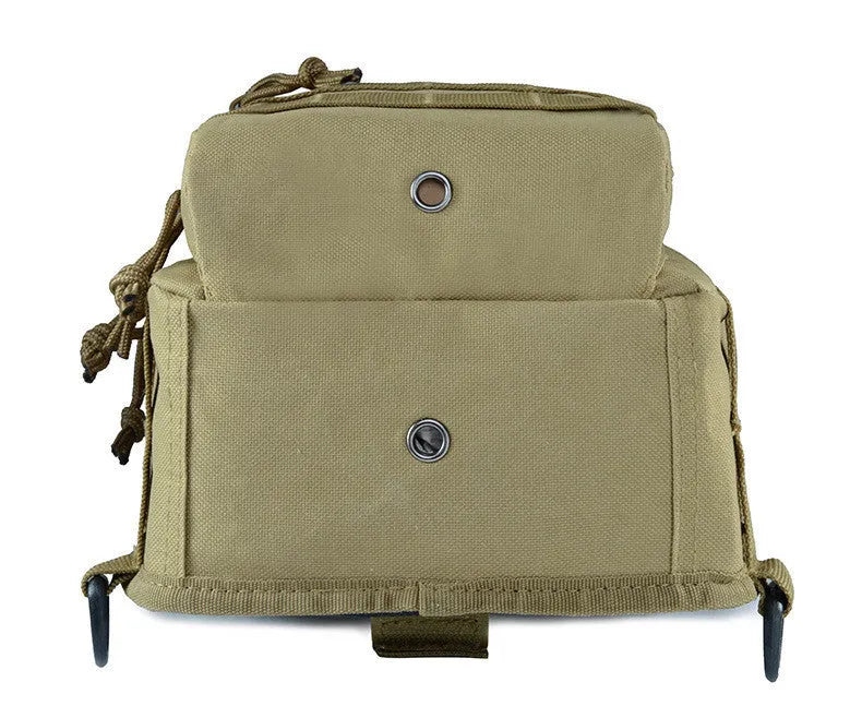 Compact camouflage tactical backpack with MOLLE webbing on front, carried as a shoulder bag.