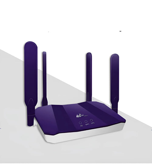 Blue 4G and wired dual-mode internet router with four external adjustable antennas.
