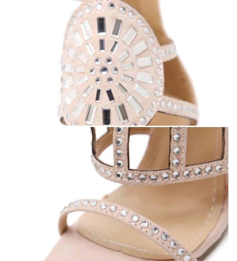 Rhinestone high heel sandals with suede upper, open toe, fine heel, back zipper, super high heel 8cm+ in apricot colour