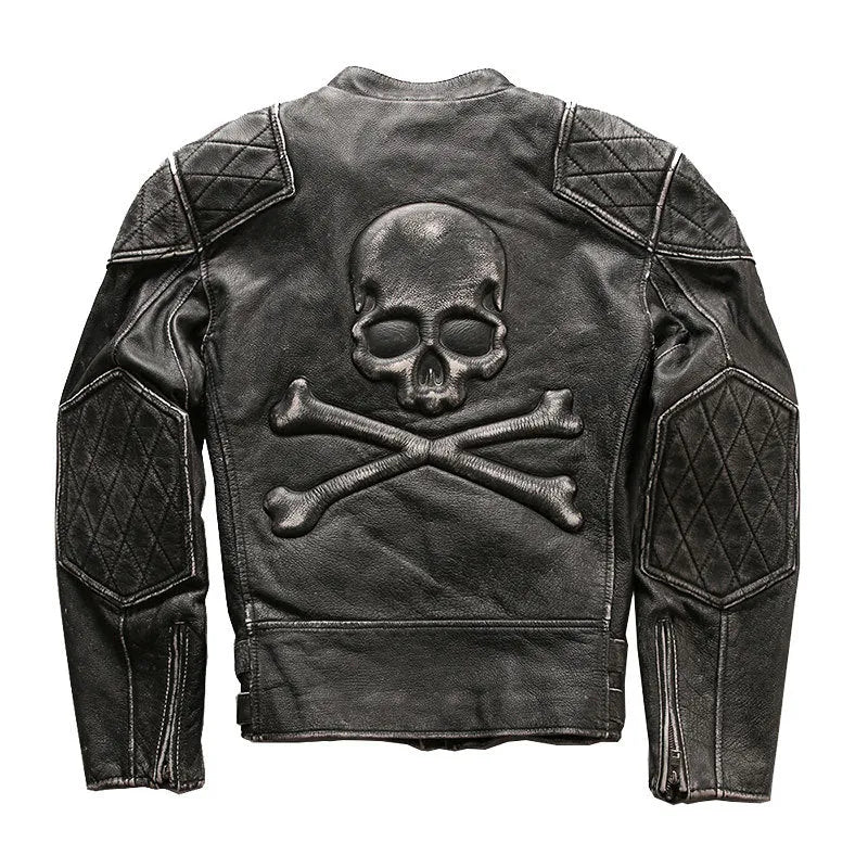 Men's distressed stand collar cropped slim leather jacket in black top layer cowhide seen from front
