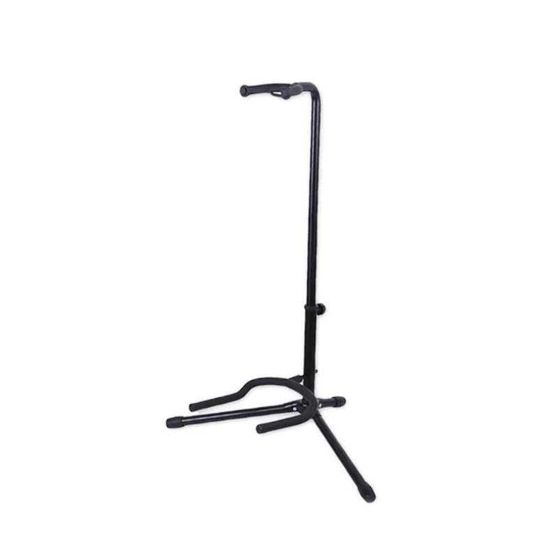 Black foldable guitar stand with rubber protective covers for acoustic and electric instruments