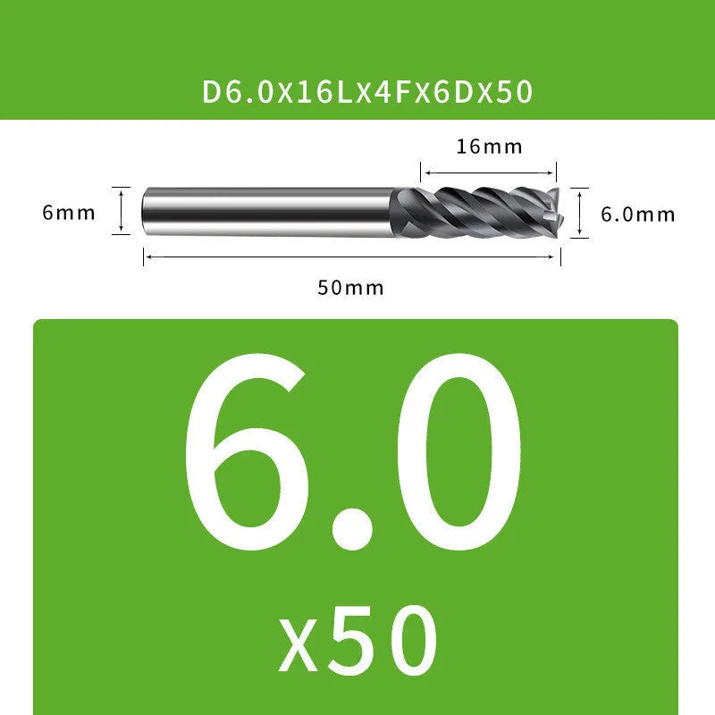 4-blade tungsten steel end mill for CNC machining with size specifications