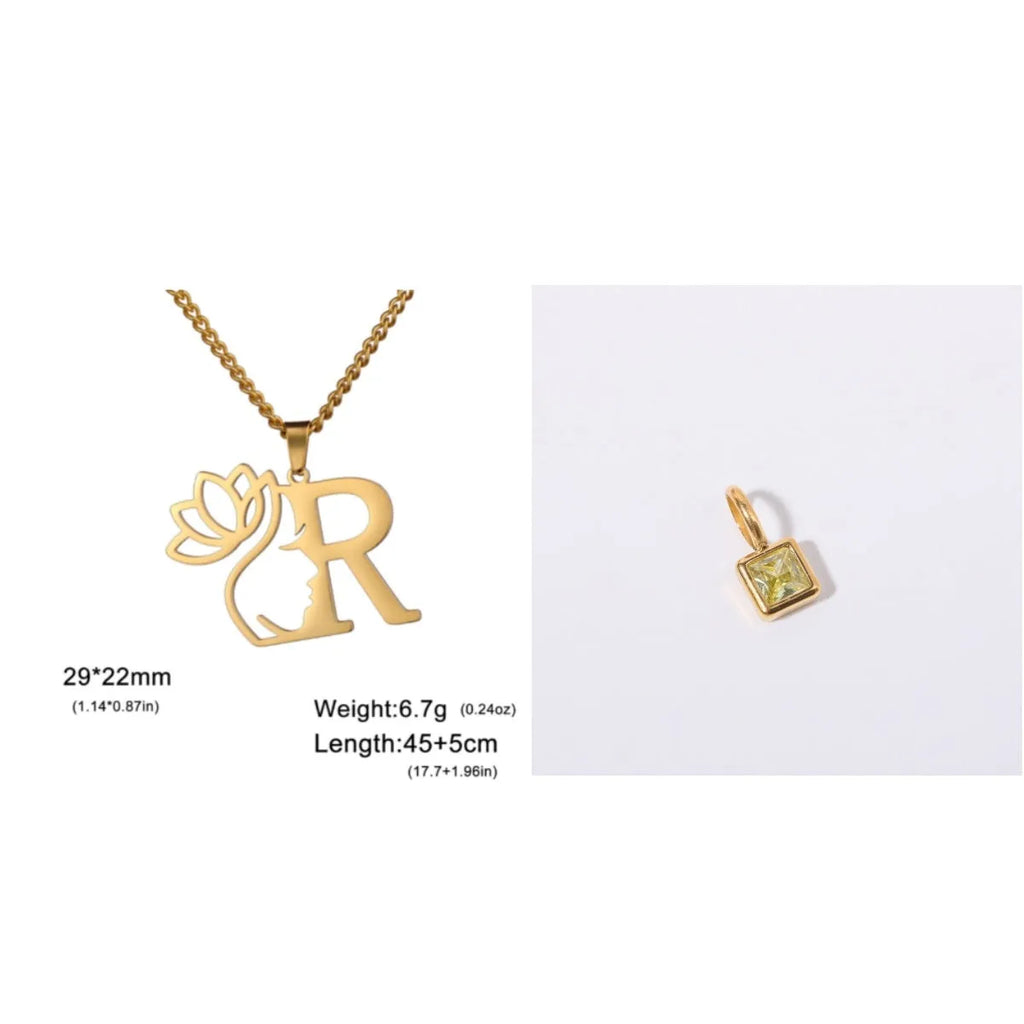 Stainless steel cross chain necklace with a single gold or silver coloured letter pendant.