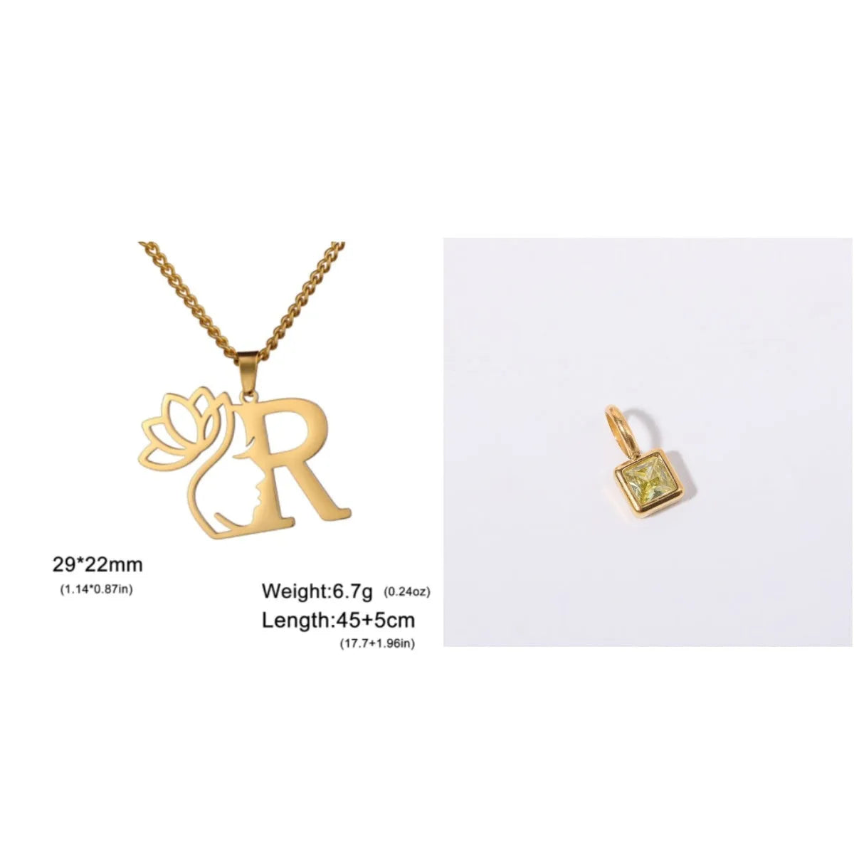 Stainless steel cross chain necklace with a single gold or silver coloured letter pendant.