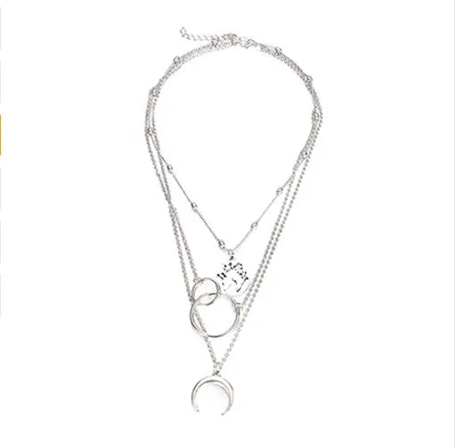 Multilayer boho moon map necklace with matching ring, alloy with electroplated gold finish