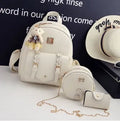 Women's 3-piece floral PU leather bag set showing backpack, shoulder bag and card purse