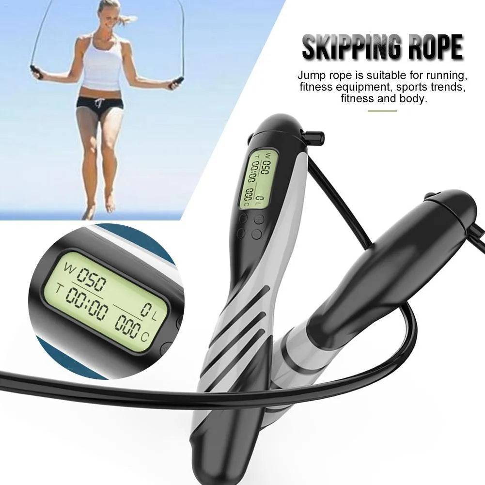 Professional weighted skipping rope with large digital display showing count and calories, non-slip black handle, black grey colour