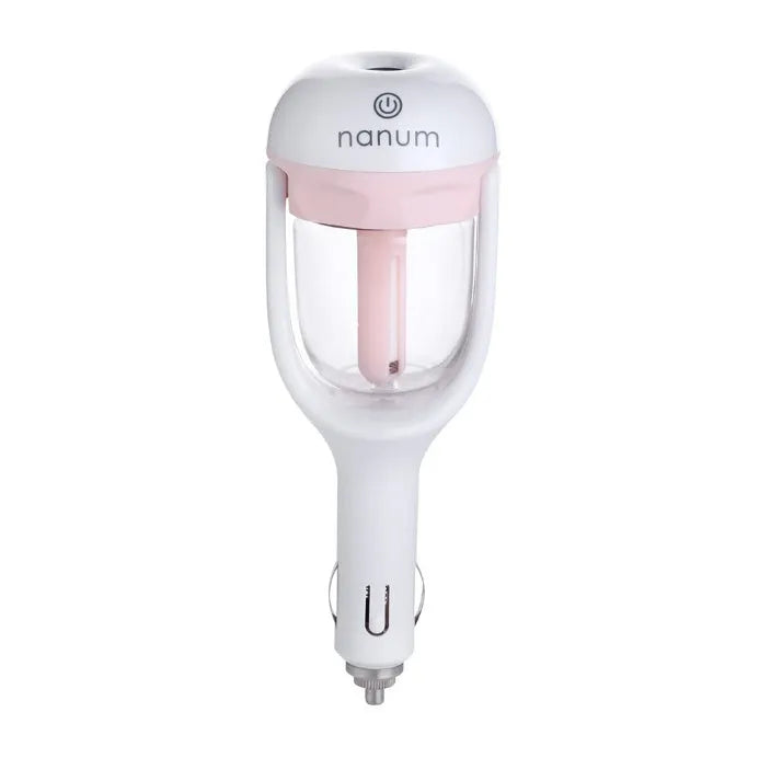 Compact portable car humidifier and essential oil diffuser unit in blue, green, pink, or purple.