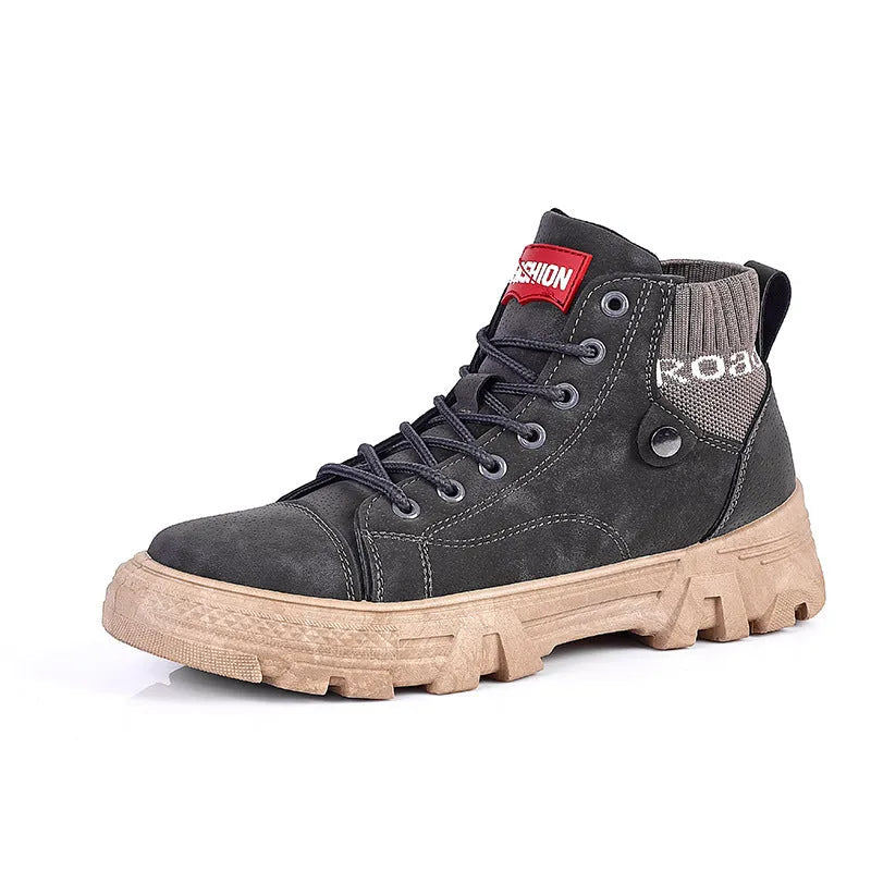 Men's high top Martin boots in Black, artificial PU upper, round toe, square low heel, front tie, casual style.