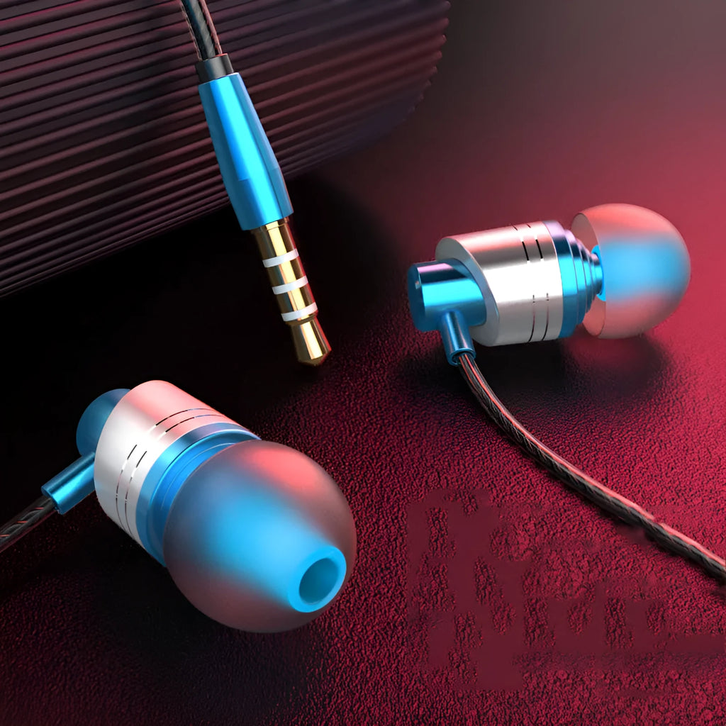 Black wired in-ear headphones with a 3.5mm plug and an integrated microphone on the cable.