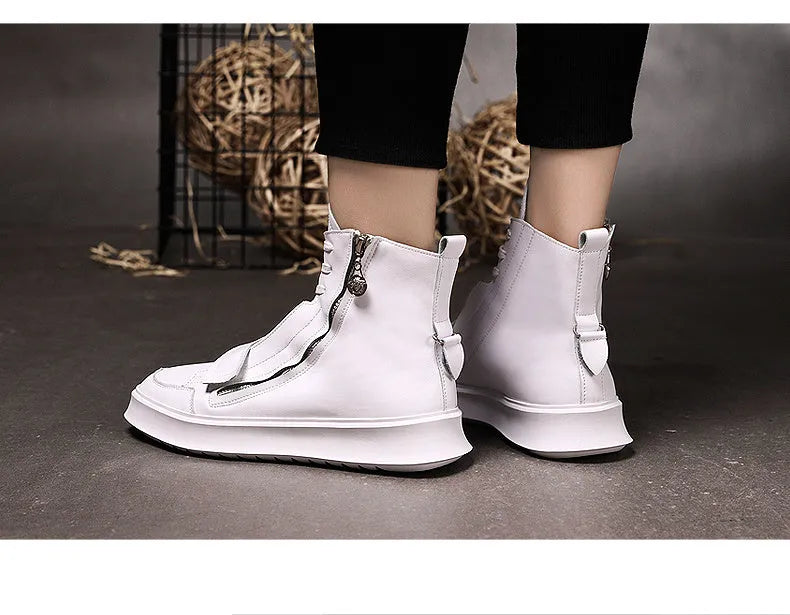 Men's black and white PU leather high-top ankle boots for winter, shown with size chart.