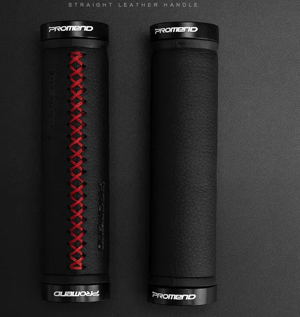 Bicycle handle grips in artificial leather with curved shape for wrist protection, black/black line colour