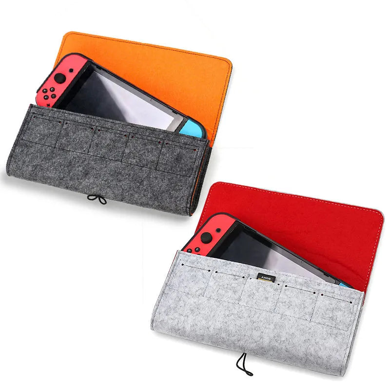 Black felt pouch for Nintendo Switch with game card slots and double layer storage design