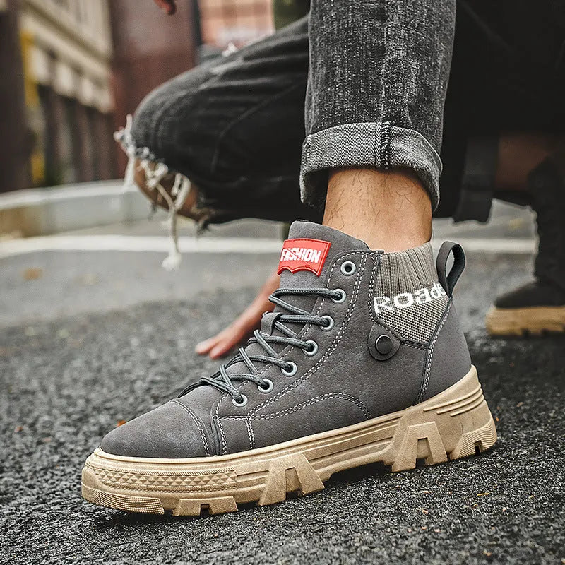 Men's high top Martin boots in Black, artificial PU upper, round toe, square low heel, front tie, casual style.