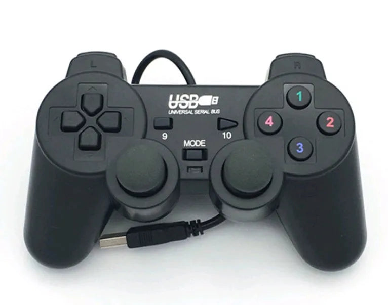 Black USB wired vibration game controller with dual analog joysticks, 12 action keys, and 8-way direction keys, 16 x 9.9 x 6 cm