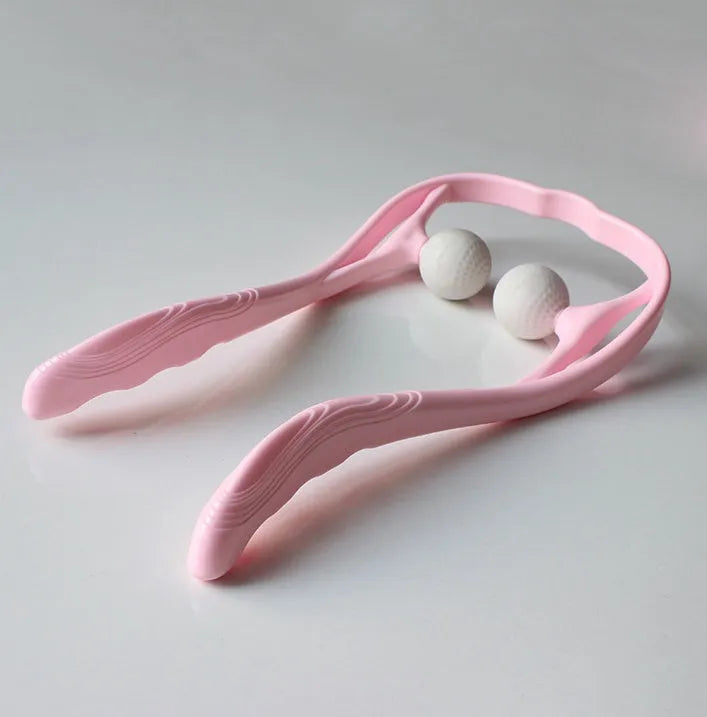 A pink plastic hand-held neck massager with a swan-neck shape and removable roller head for pressure point therapy.