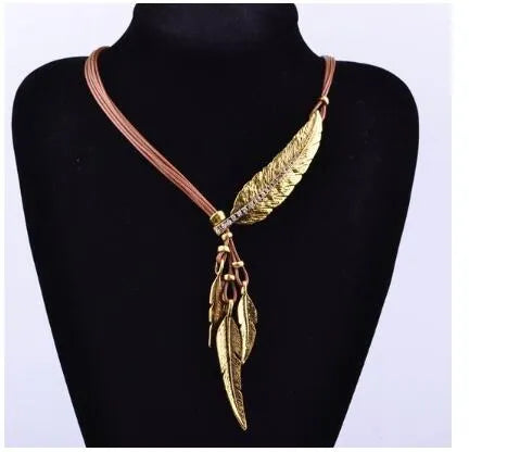 Black leather rope multilayer feather leaf tassel pendant necklace in ancient silver and black on horse whip chain