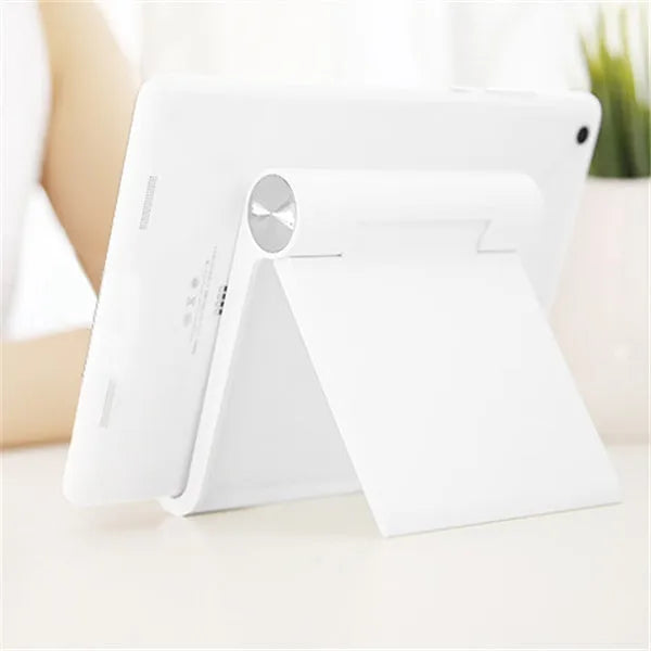Folding plastic desktop stand holding a smartphone in black colour on a desk