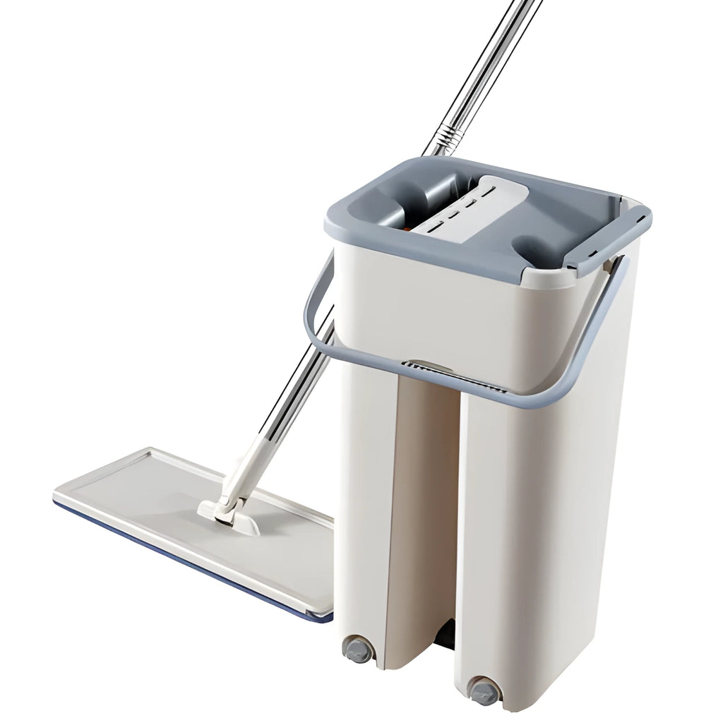 Lazy mop set with microfiber flat head and bucket on tile floor, with 360-degree rotation for corner cleaning