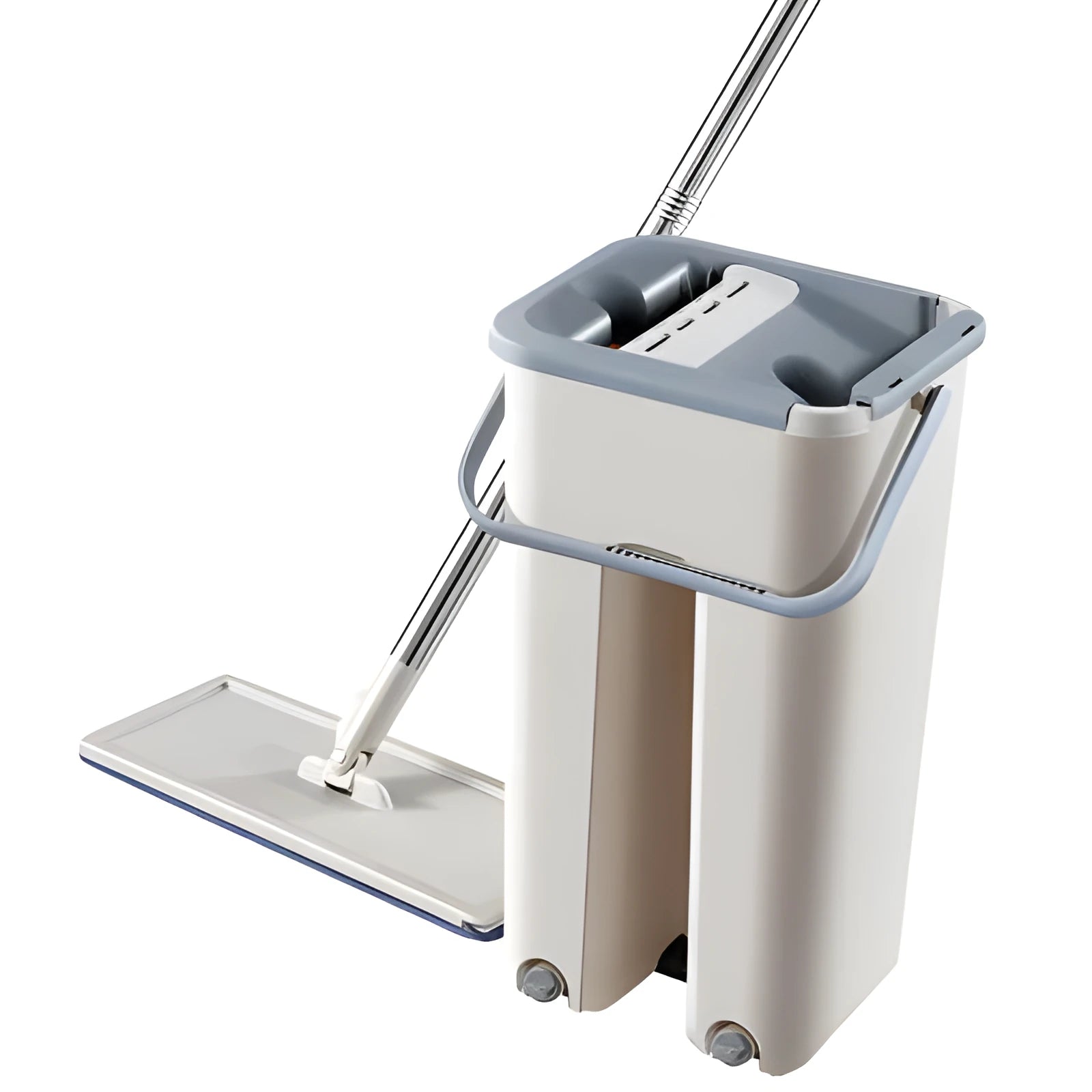 Lazy mop set with microfiber flat head and bucket on tile floor, with 360-degree rotation for corner cleaning