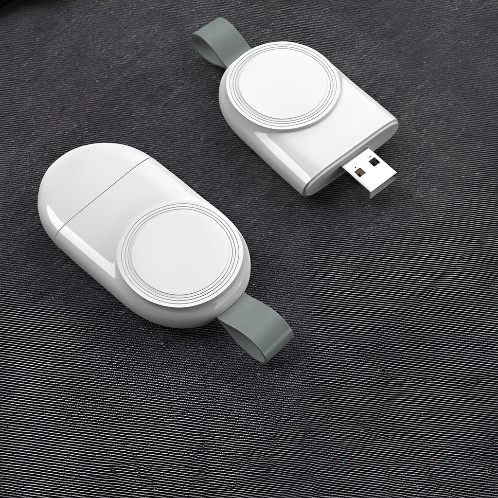 White magnetic wireless charger for Apple Watch with USB cable, 82 by 37 by 12mm