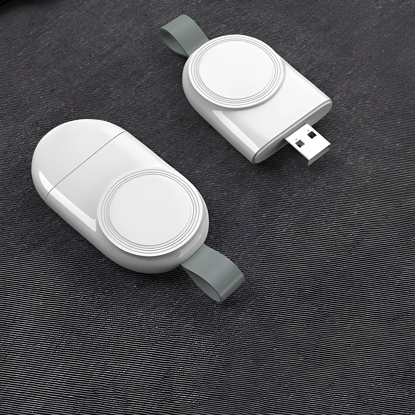 White magnetic wireless charger for Apple Watch with USB cable, 82 by 37 by 12mm