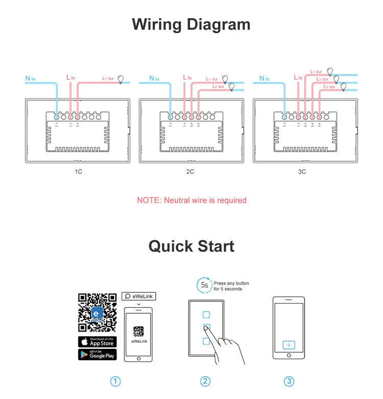 Smart wall switch with tempered glass panel, touch control, 220-250V 10A rating and 120mm mounting hole distance