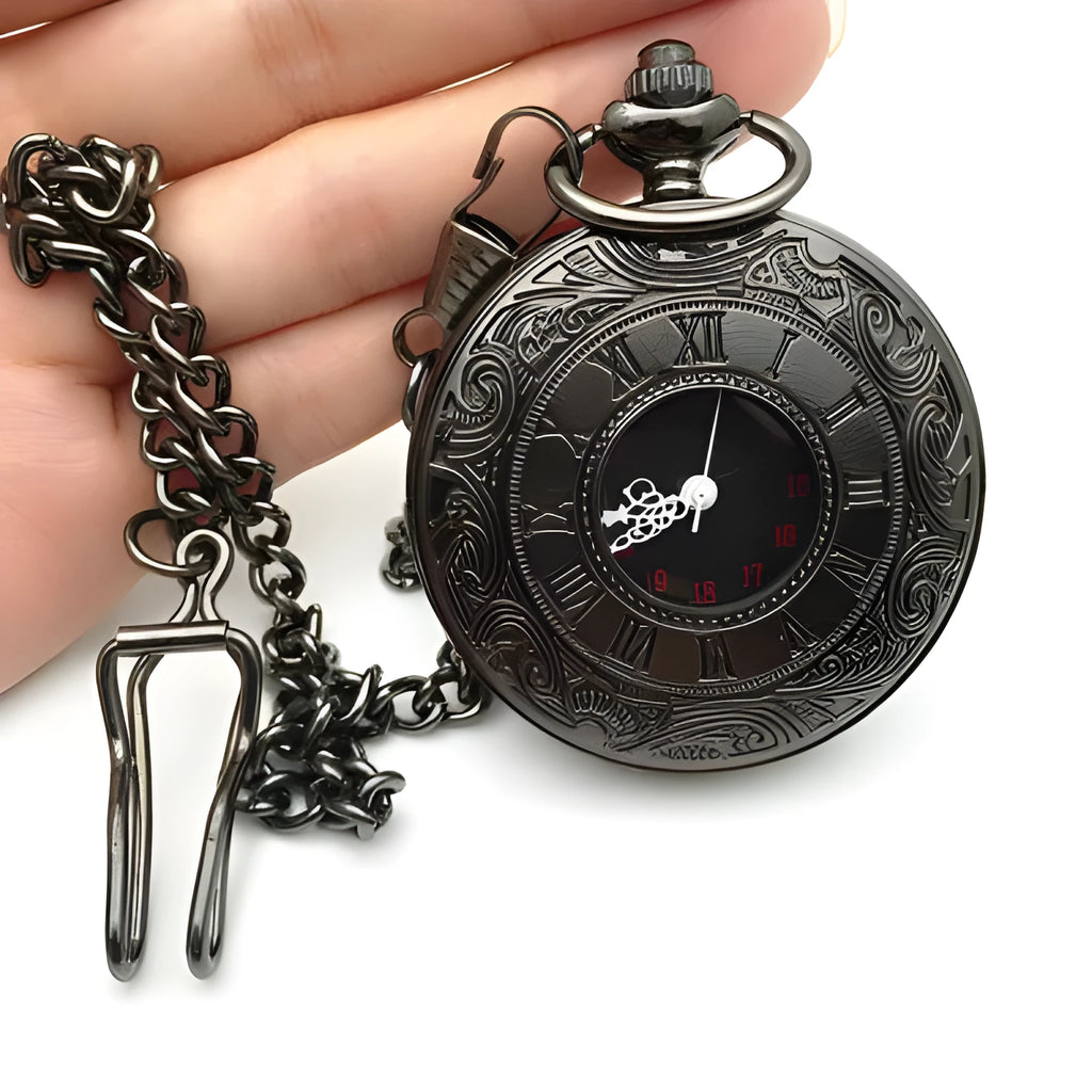 Classic Roman double display pocket watch with round alloy case, pointer and number dial, and chain