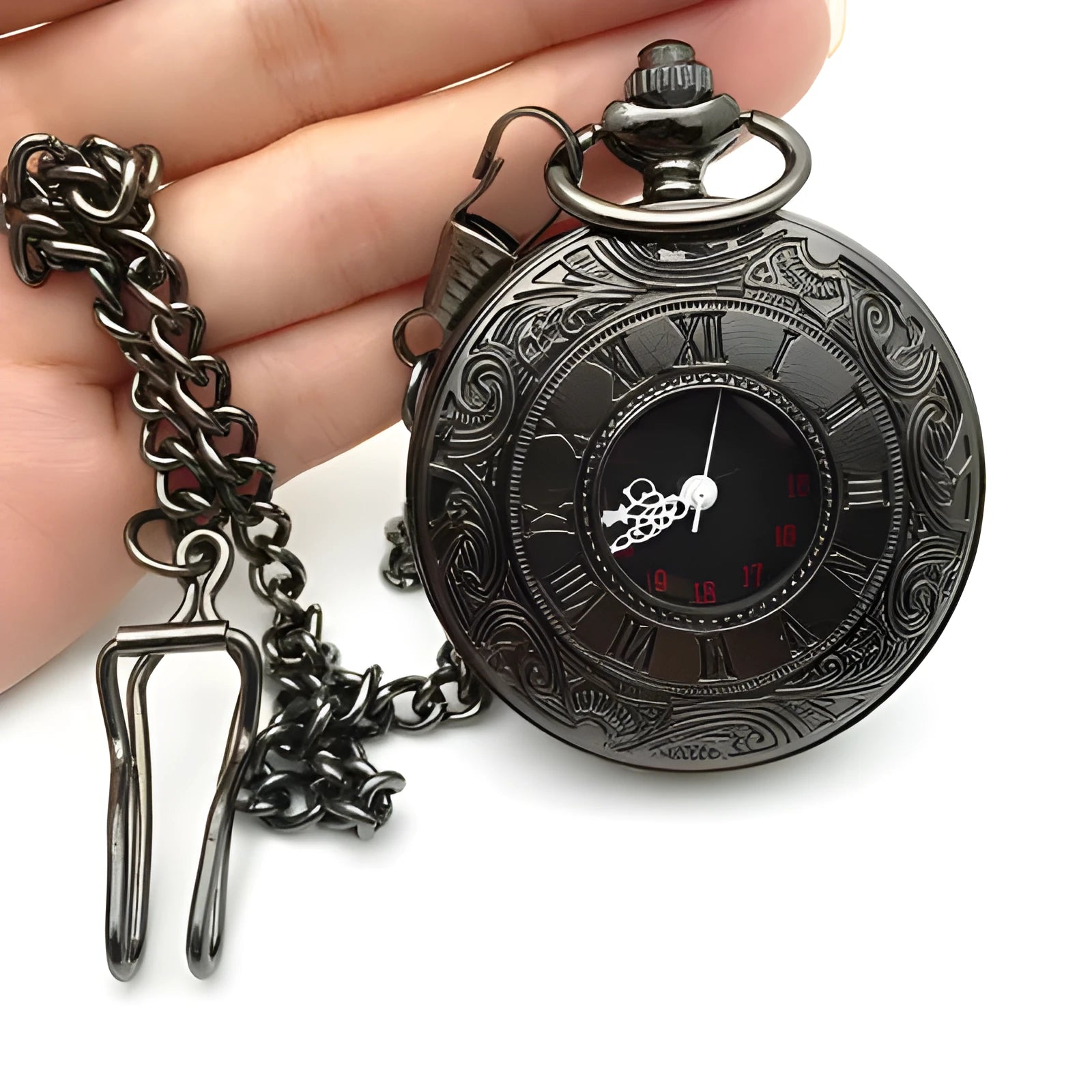 Classic Roman double display pocket watch with round alloy case, pointer and number dial, and chain