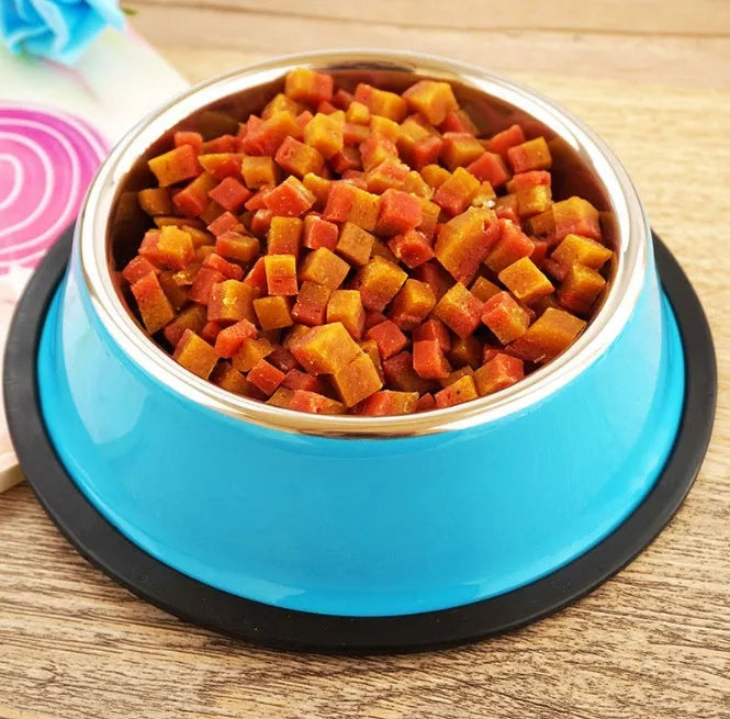 Stainless steel pet bowl inside colourful melamine pot with non-slip rubber base