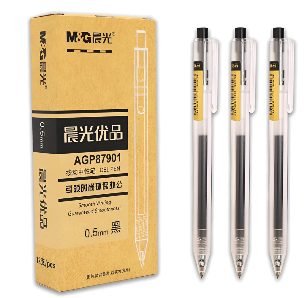 12 black retractable gel pens with frosted barrels and 0.5mm tips displayed with two spare refills