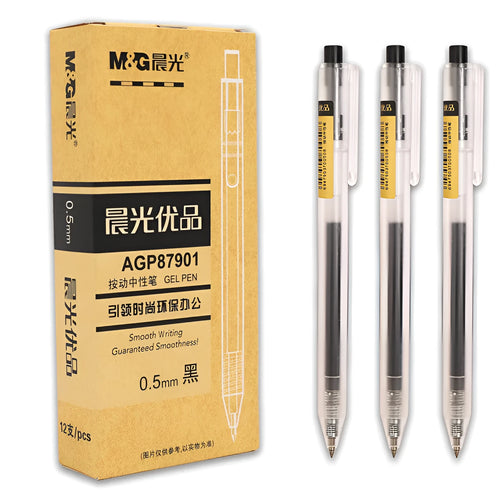 12 black retractable gel pens with frosted barrels and 0.5mm tips displayed with two spare refills