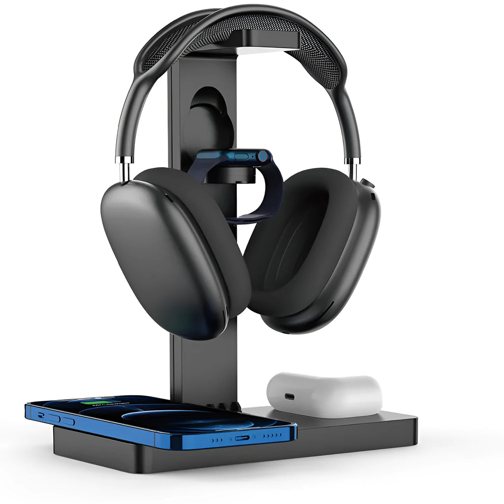 Black multi-device wireless charging station with smartphone, smartwatch, and headset connected