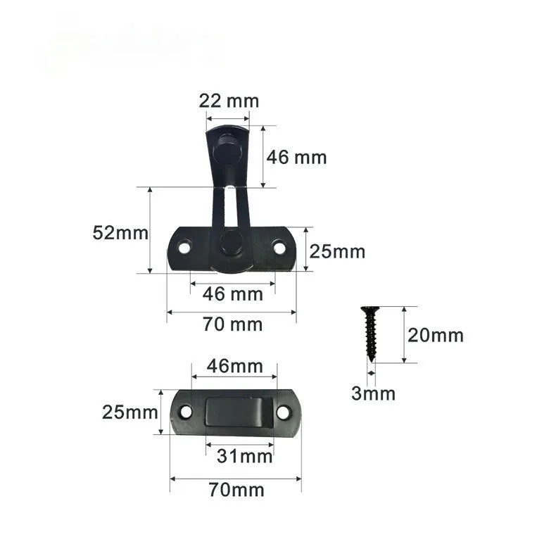 Black carbon steel and stainless steel 90-degree warehouse hook lock for sliding barn doors.