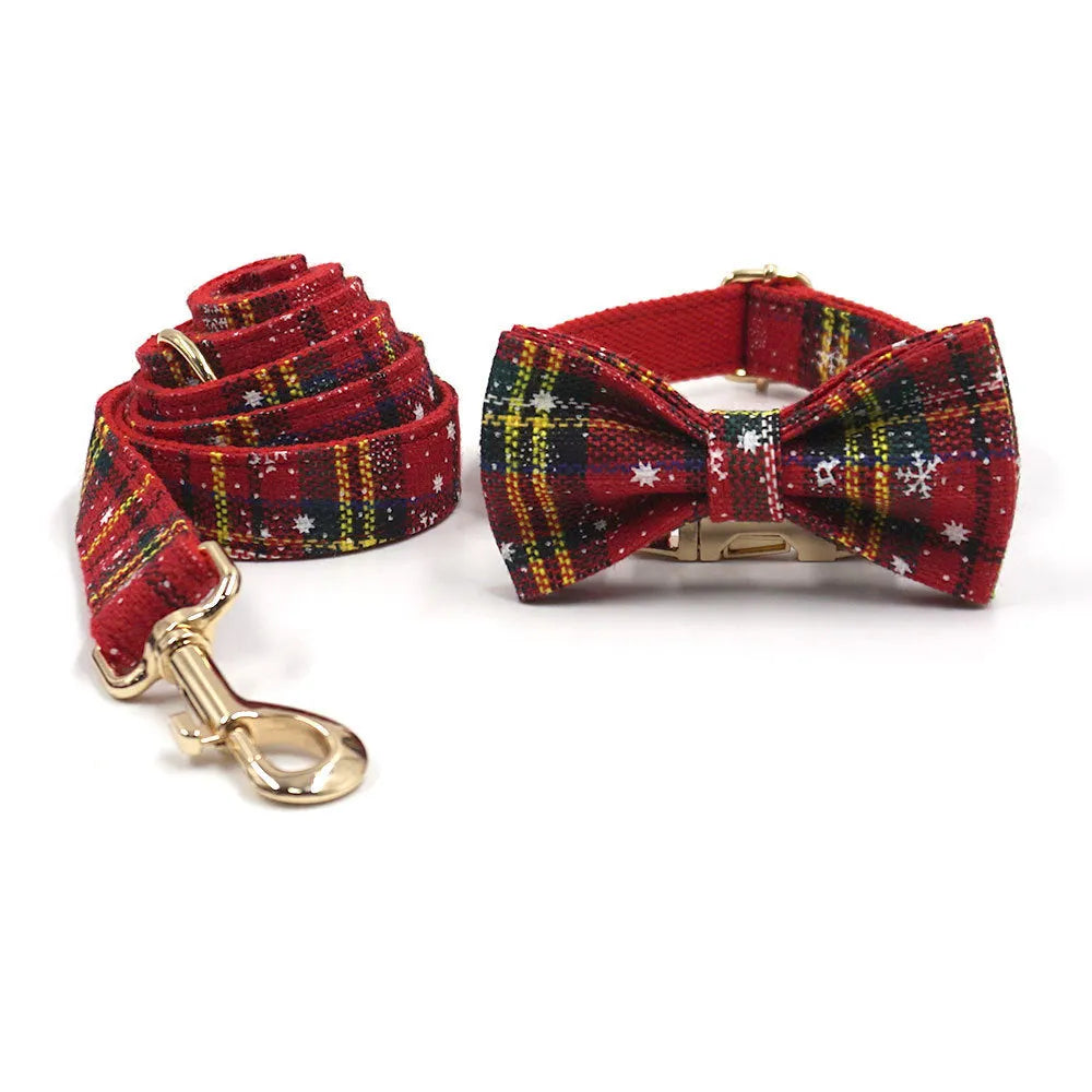 Red Christmas pet collar set with matching harness, traction rope, bow decoration and stool bag in laser sculpture fabric