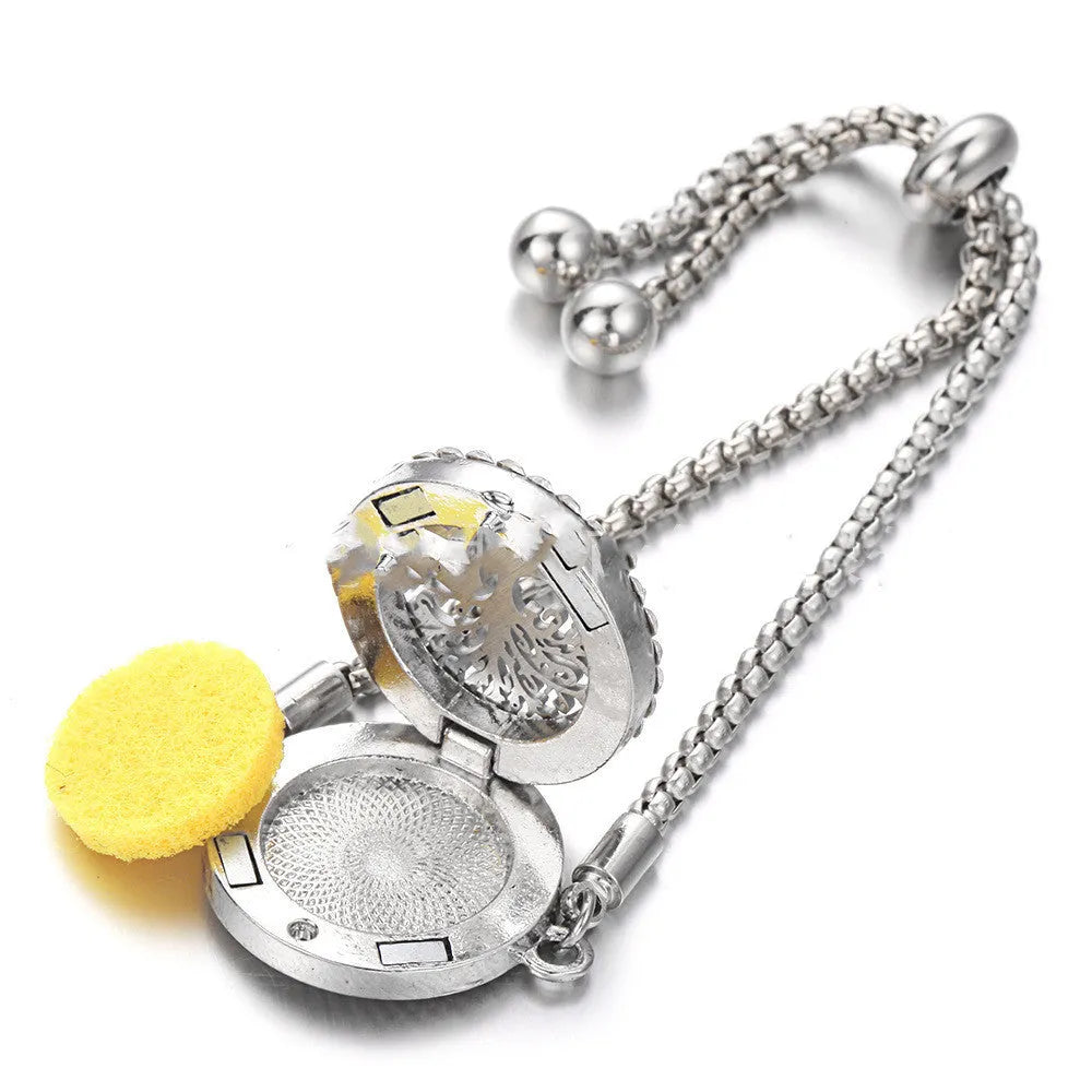 Hollow stainless steel aromatherapy bracelet with electroplated alloy finish, adjustable 24cm length and cotton pad