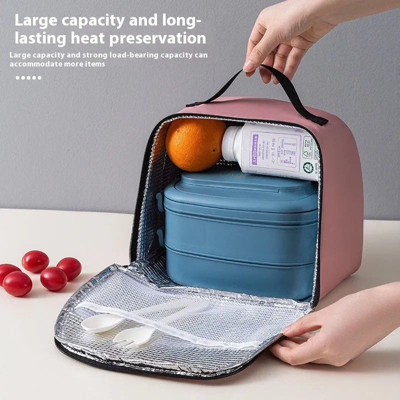 Insulated lunch box bento handbag in textured cloth with large capacity for keeping food warm