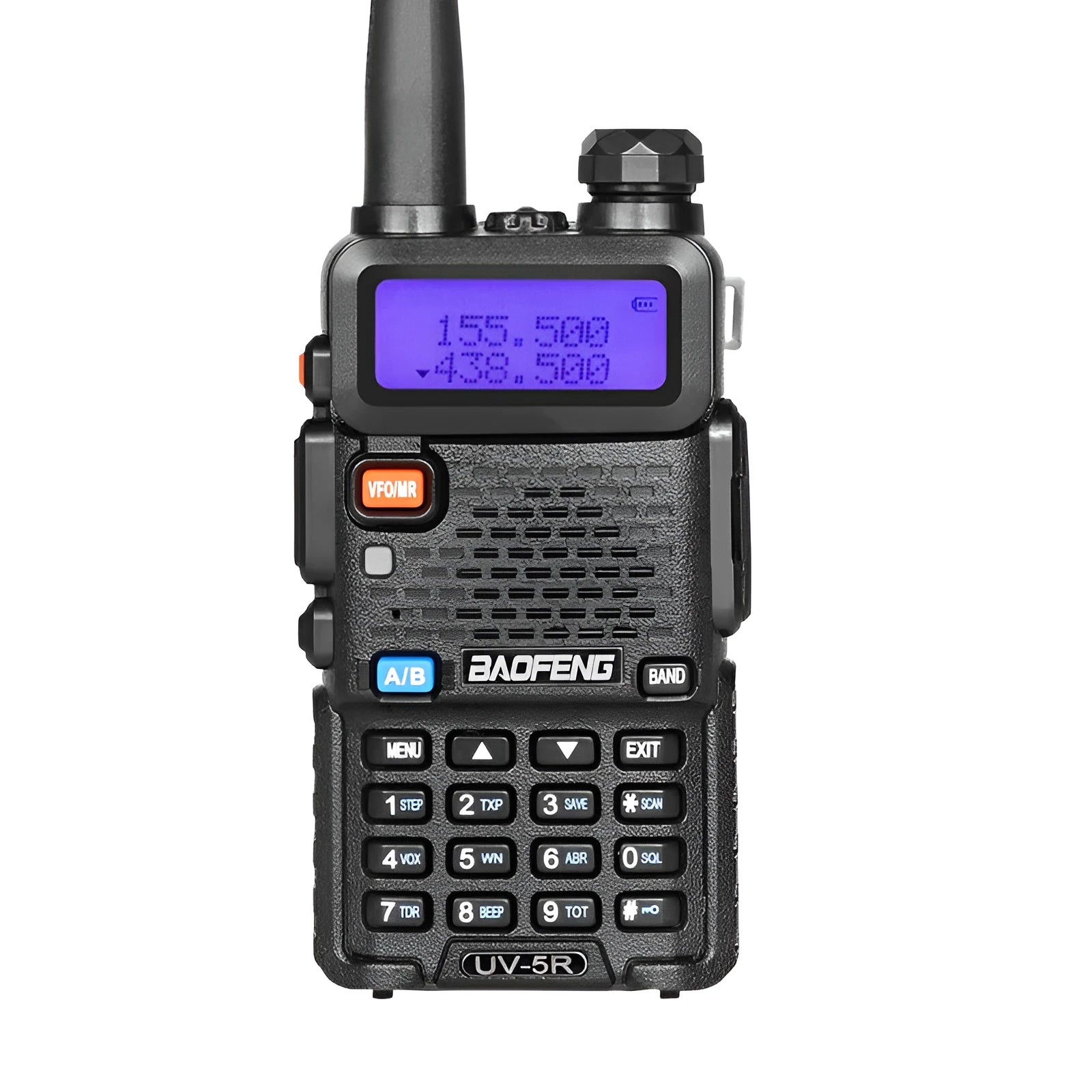 Professional black walkie talkie with antenna showing dual-band UHF VHF operation and 128 channel capacity