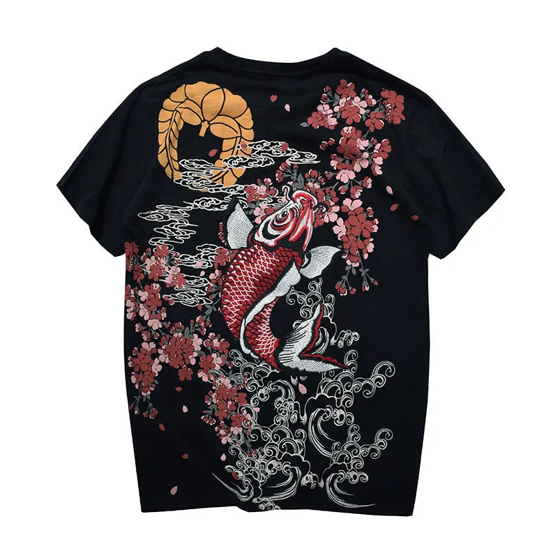 Embroidered men's cotton T-shirt with crew neck and short sleeves in Black, front view