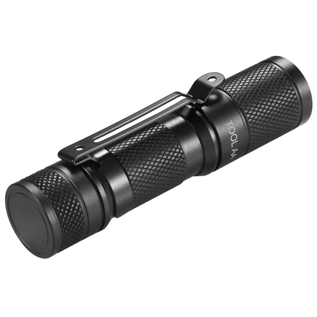 Black Lumintop Tool AA2.0 compact keychain flashlight with magnetic tail cap on a keyring.