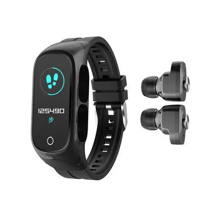 N8 Smart Bracelet with built-in Bluetooth headset on a wrist, shown in black, white, red, and pink colour options.