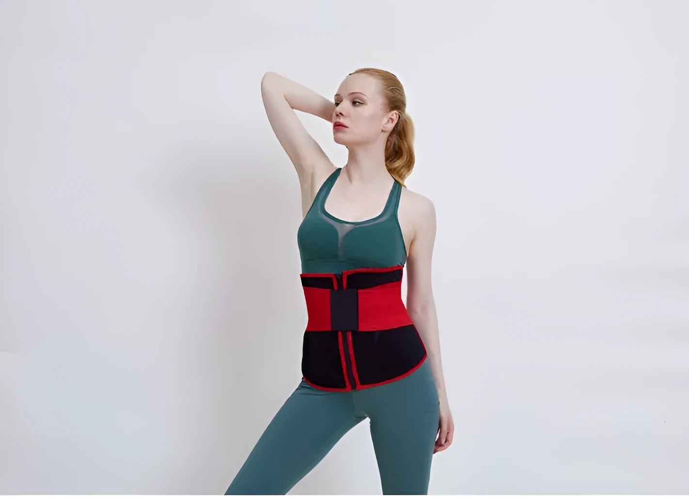Sport double belt compression belly corset in black spandex shown front view for waist shaping