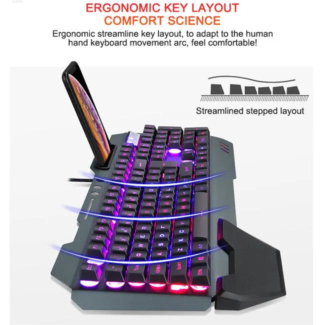 Wired gaming keyboard with RGB LED backlight, phone holder, pen slot, and card slot in black, white, or grey.