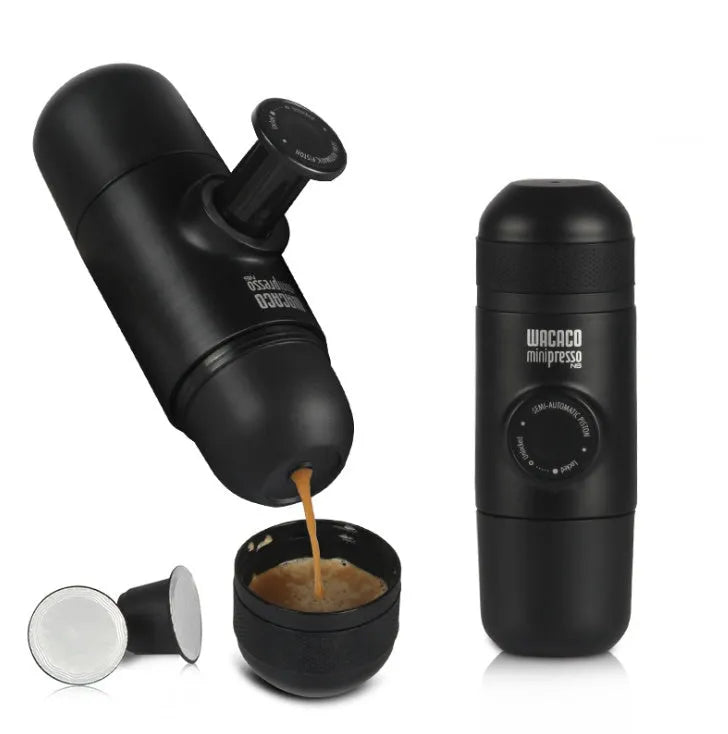 Black portable manual espresso machine showing 6cm diameter and 17.5cm height with stainless steel and plastic components.