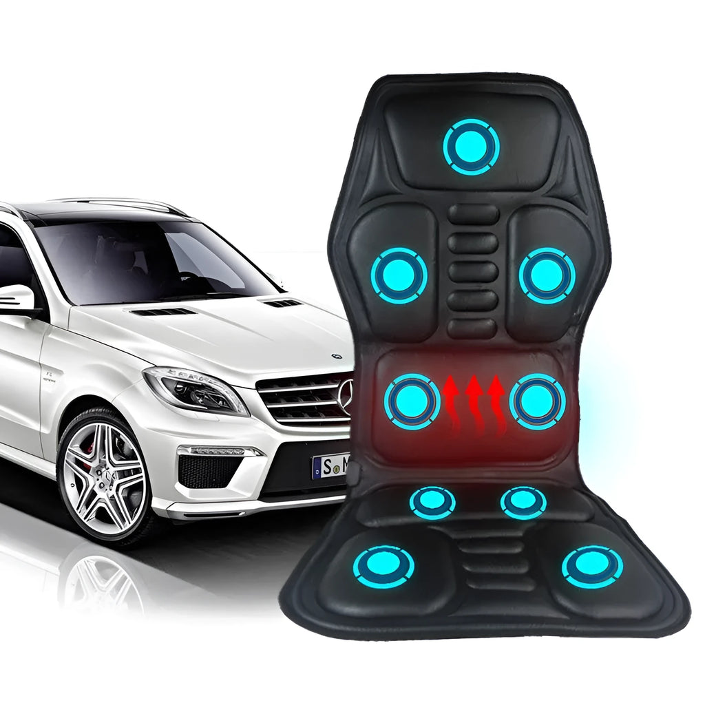 Black car massager with deep massage head and heating function for neck and waist relief on a car seat