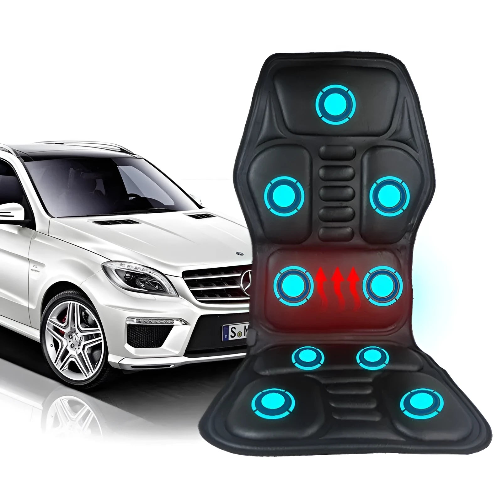 Black car massager with deep massage head and heating function for neck and waist relief on a car seat