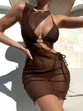 Brown solid colour women's three-piece bikini set with bra, shorts, and blouse on a neutral background.